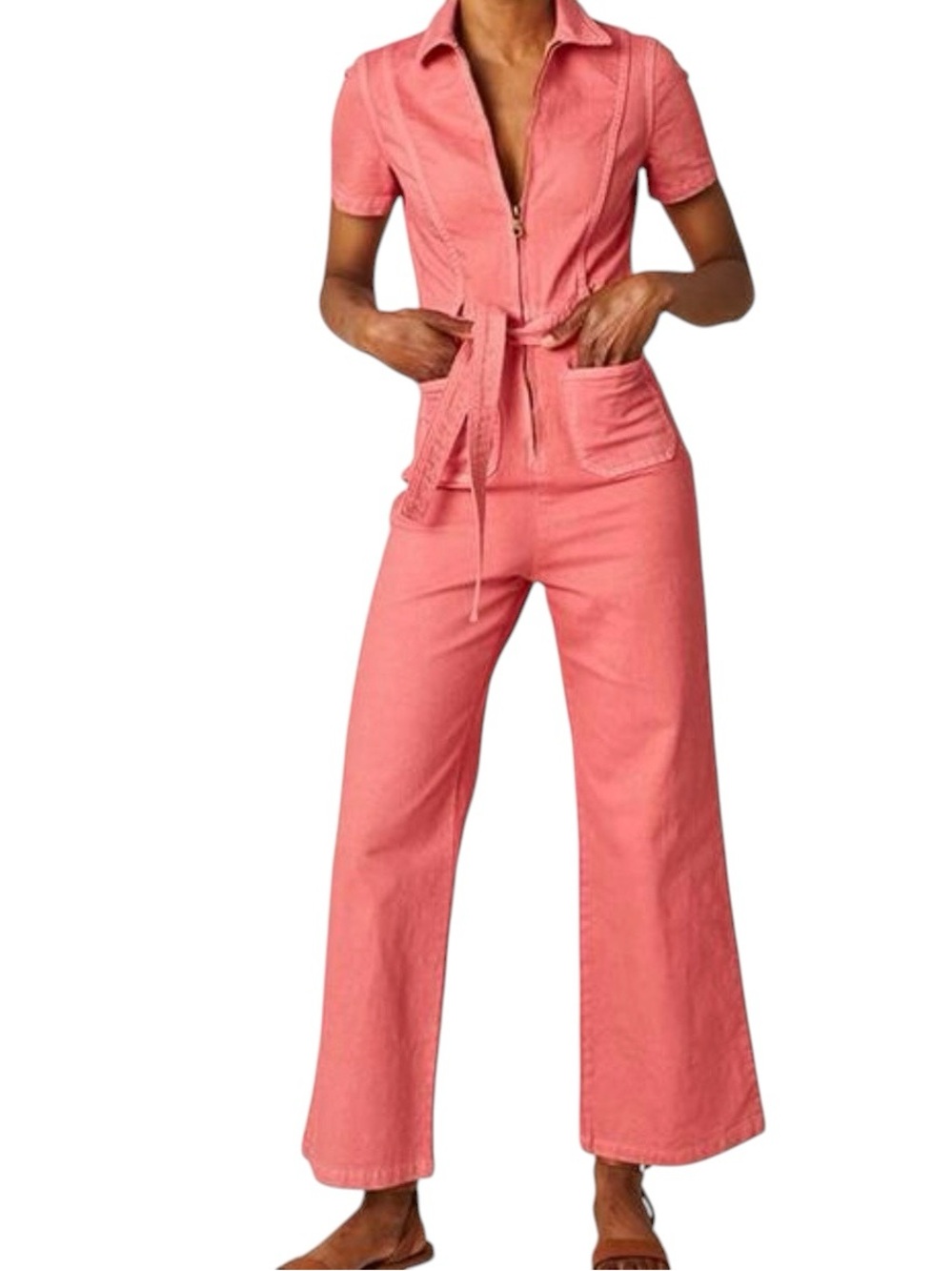 Rachel Antonoff Sal Denim Jumpsuit Sz 4 Pink Fitted Stretch 70s Utility
